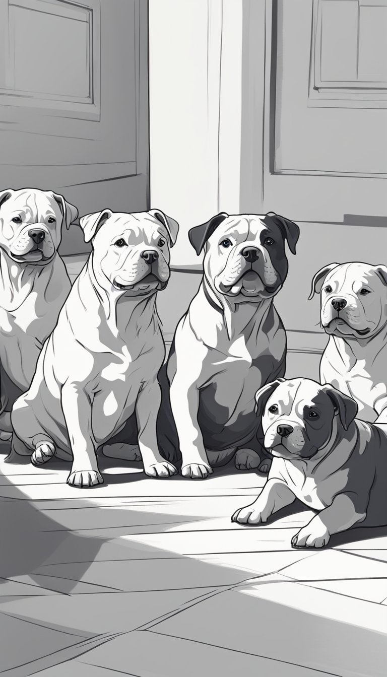 A group of American Bully puppies play in a spacious, clean environment. Reputable breeders oversee the interaction, ensuring the puppies are healthy and well-socialized
