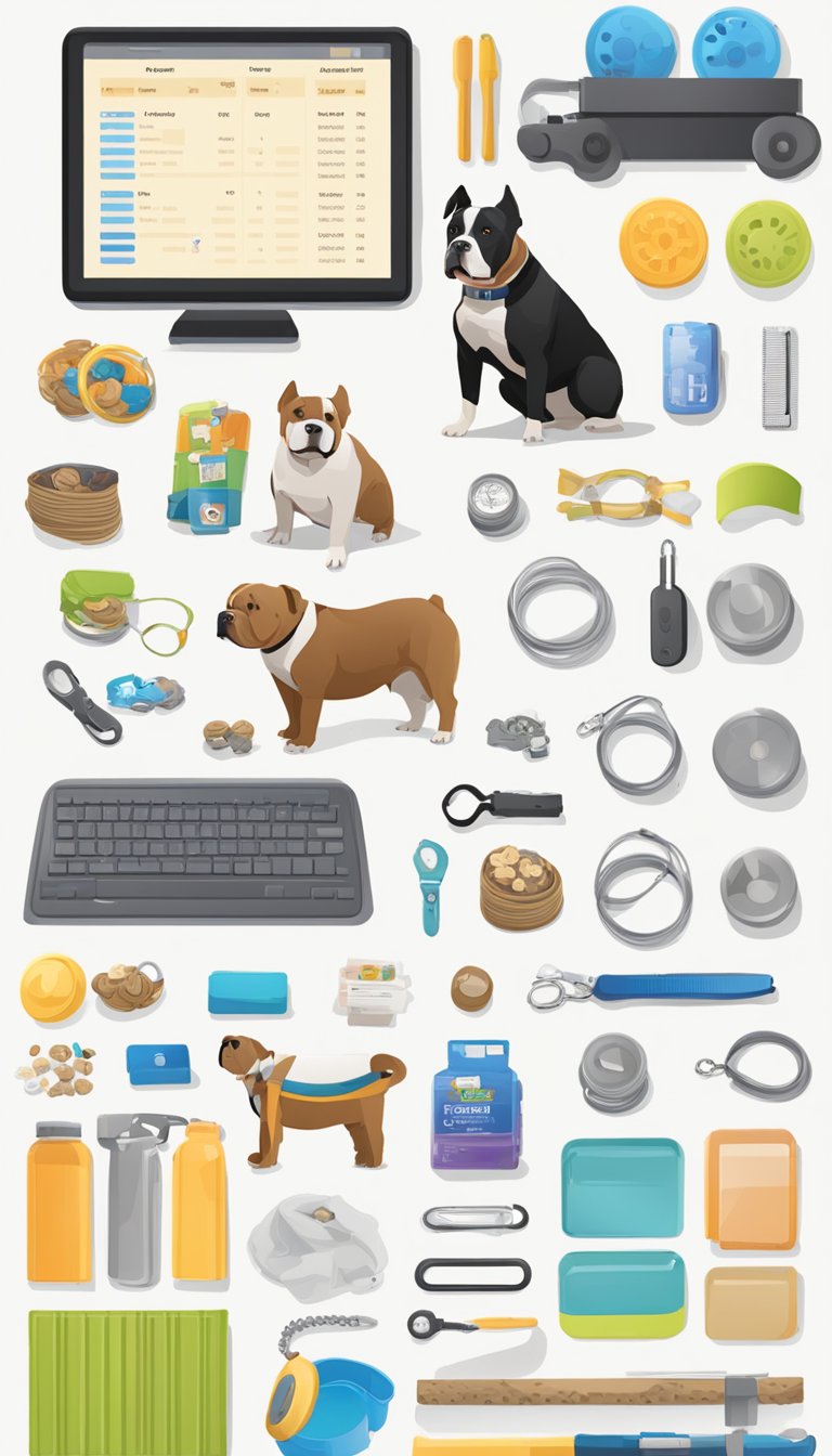 American Bully items laid out: food, toys, crate, leash, collar, bed, grooming supplies, training treats, ID tag, medical records, and budget spreadsheet