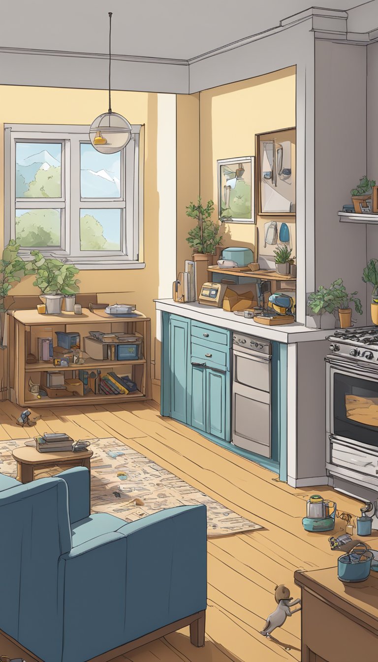 A cozy living room with chew-proof furniture, locked cabinets, and a gated-off kitchen. Toys and chew bones are scattered around the room, and electrical cords are hidden or covered