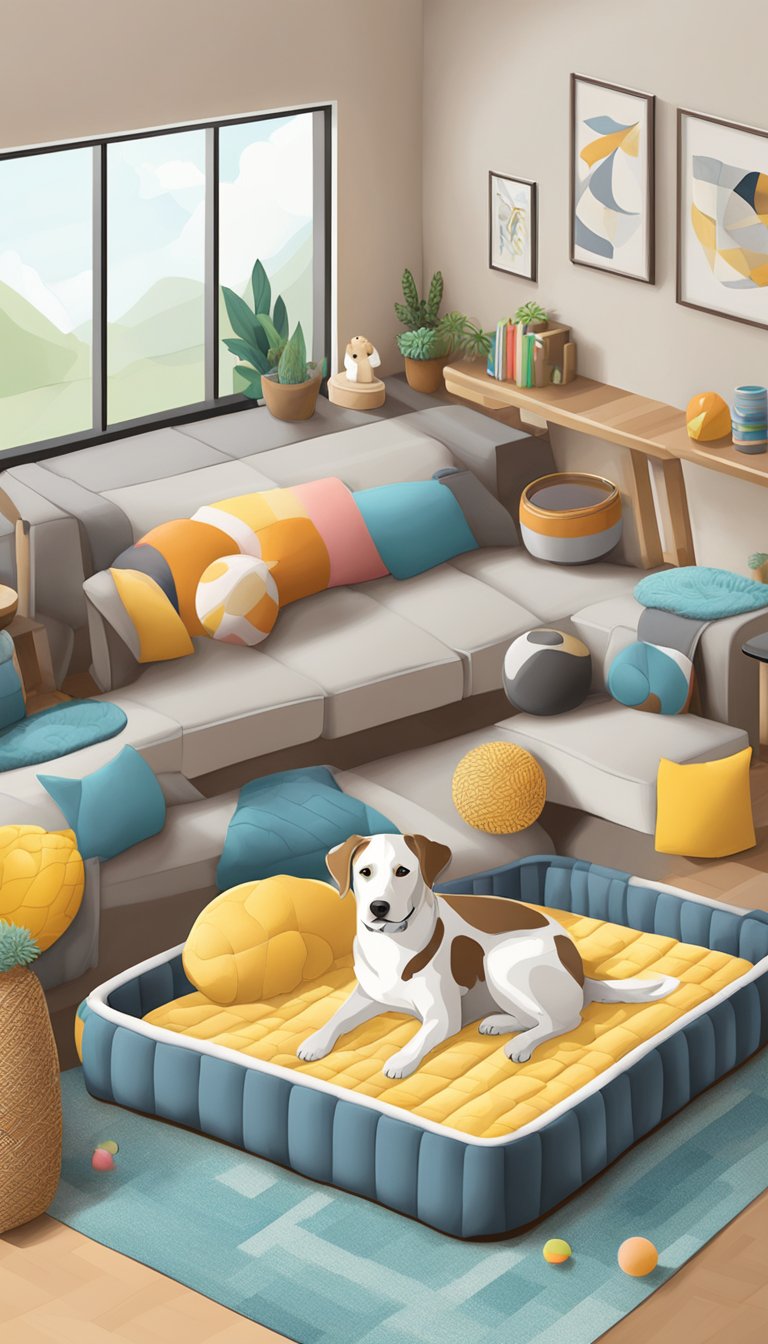 A cozy dog bed surrounded by chew toys, a water bowl, and a variety of stimulating toys. A secure fence and a spacious area for play
