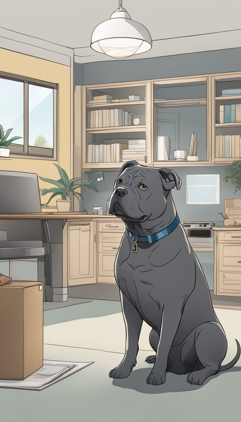 A American Bully sits in a clean and spacious living area. A checklist of 11 health and safety items is displayed nearby