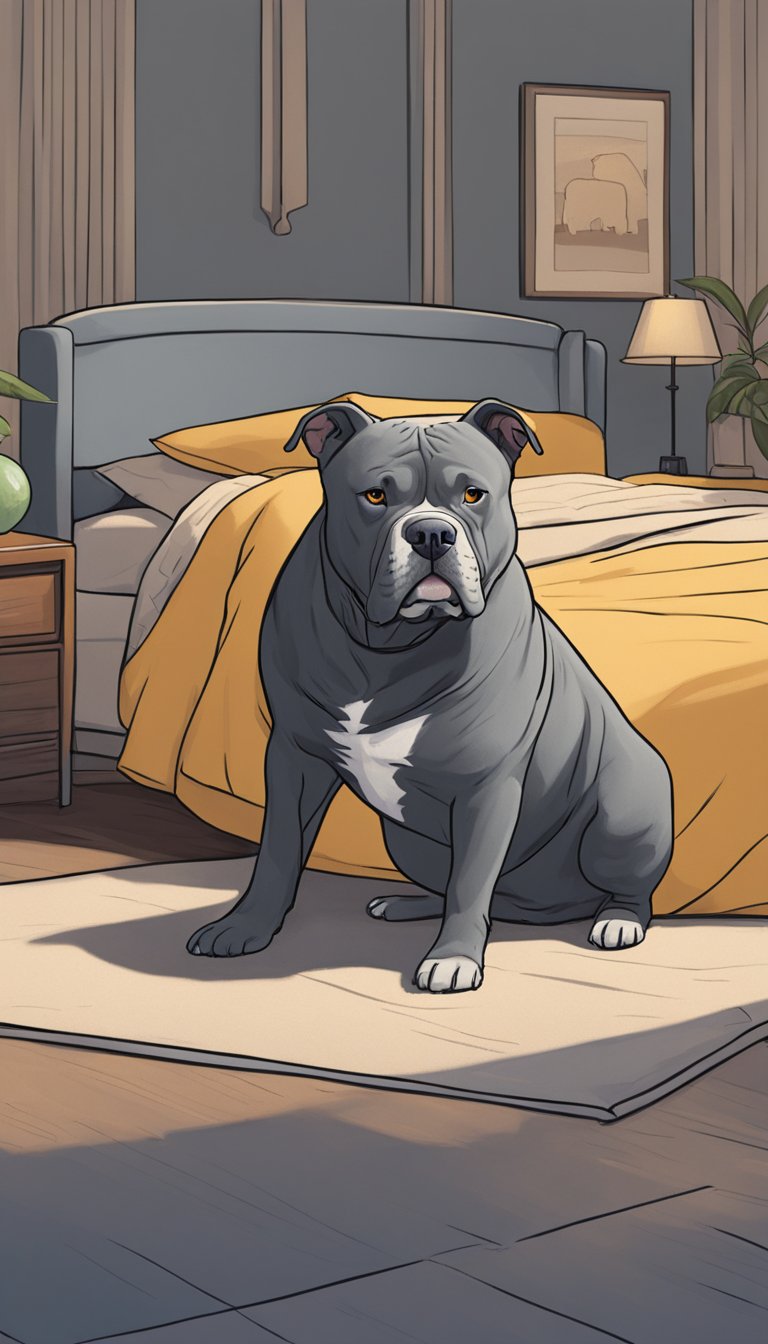 An American Bully confidently stands next to a cozy bed, while a cat cowers in the corner. The Bully's strong and muscular physique exudes dominance, while the cat appears timid and submissive