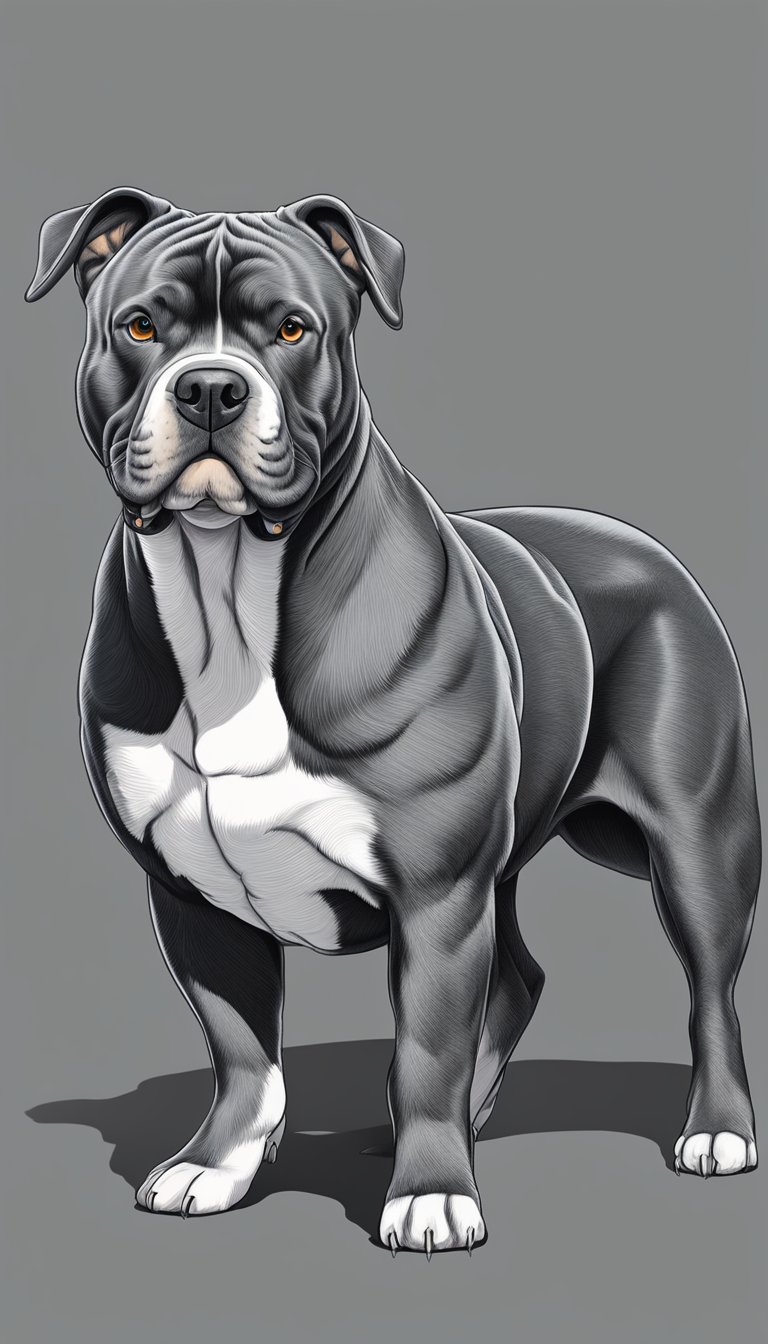 A muscular American Bully stands proudly, exuding confidence and strength. Its sturdy build and powerful stance convey a sense of protection and security