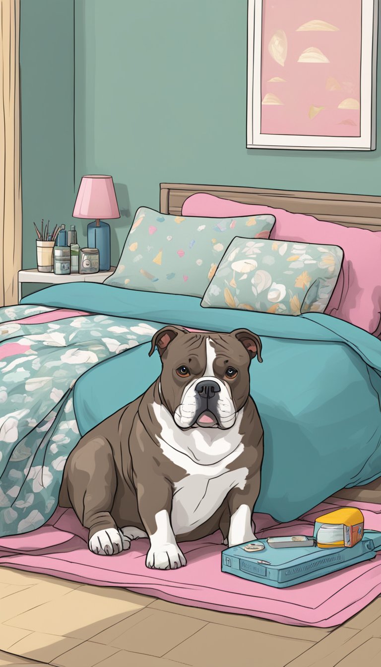 An American Bully lounges on a plush bed, surrounded by grooming supplies. A cat looks on jealously from a distance