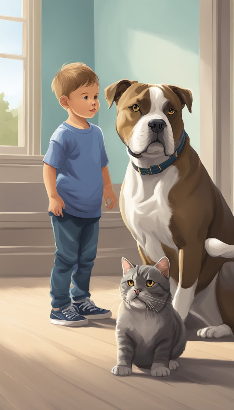 An American Bully playing with children, showing affection and loyalty. A cat looking on from a distance, uninterested