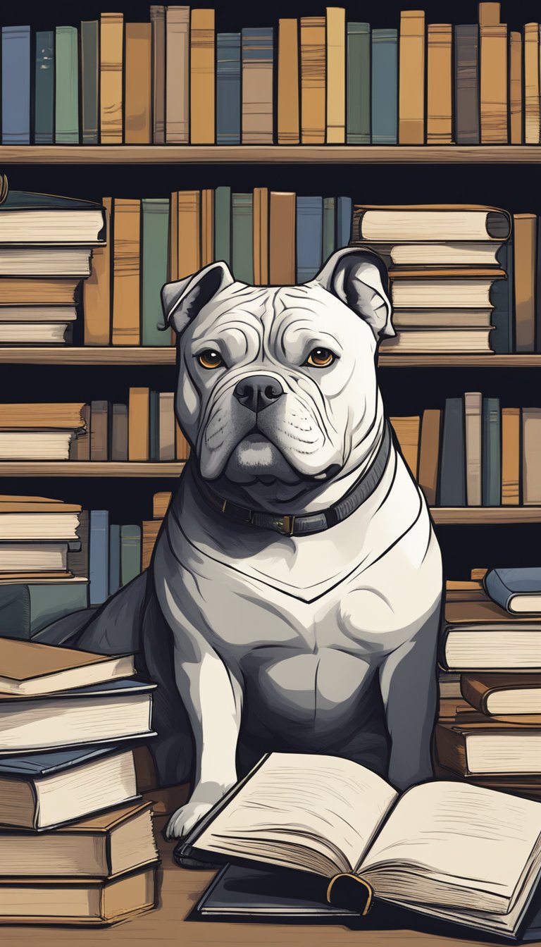 An American Bully sits obediently beside a pile of books, showcasing its intelligence and trainability. A cat looks on from a distance, highlighting the superiority of the Bully breed