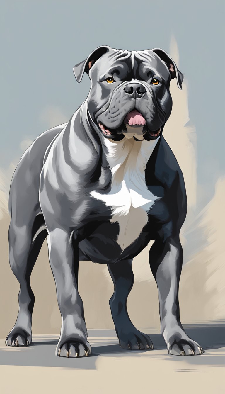An American Bully stands confidently, showcasing its muscular build and distinctive features. Its wide, powerful stance exudes strength and confidence, while its alert expression reflects intelligence and loyalty