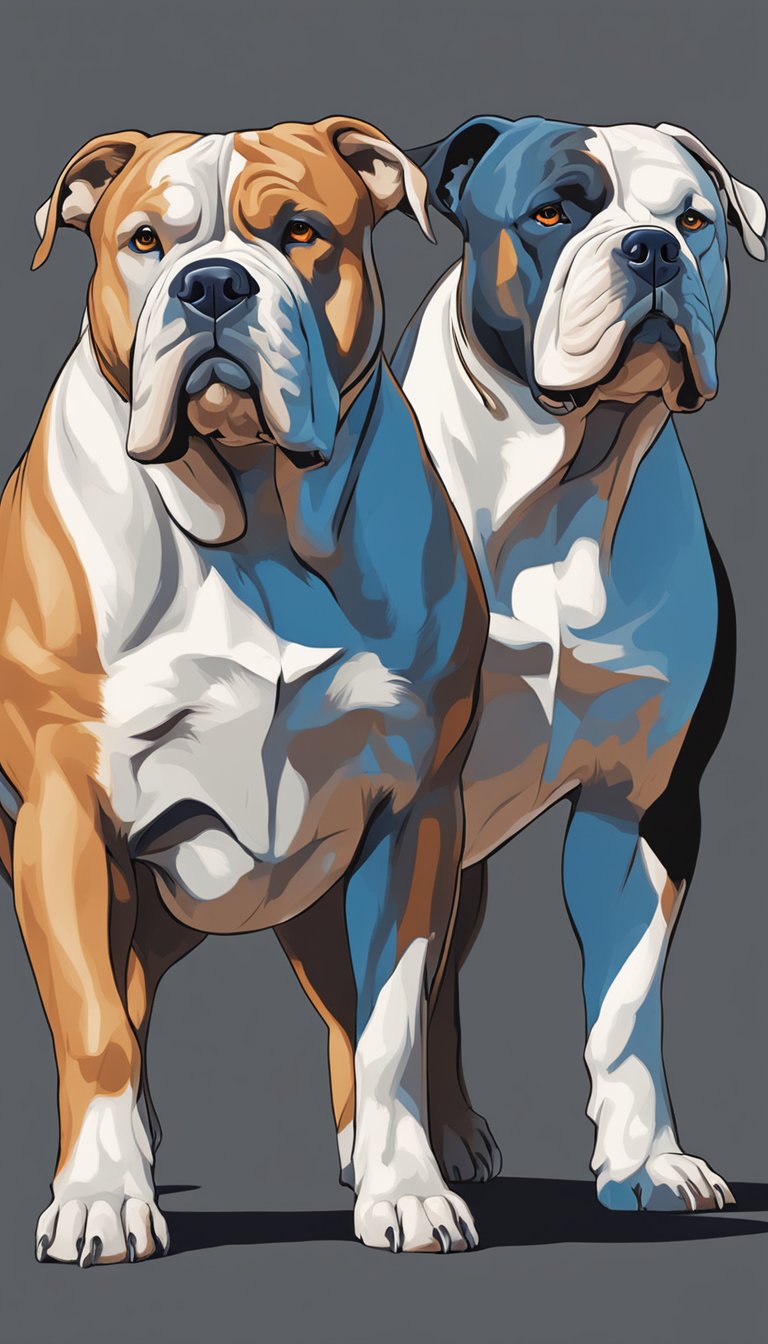 Two American Bullys stand proudly, alert and focused, their muscular bodies exuding strength and confidence. Their intense gaze and powerful stance convey their natural instinct as great guard dogs