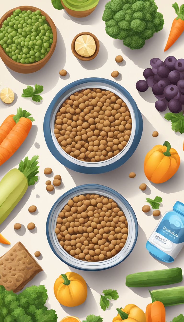 A bowl of balanced dog food surrounded by fresh vegetables and fruits. A bag of high-quality dog treats and a water bowl nearby