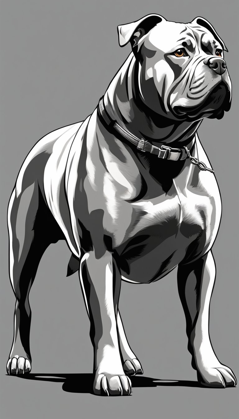 An American Bully standing confidently, with a strong and muscular build. A leash and collar are visible, indicating readiness for training. A bowl of water and food nearby for proper care