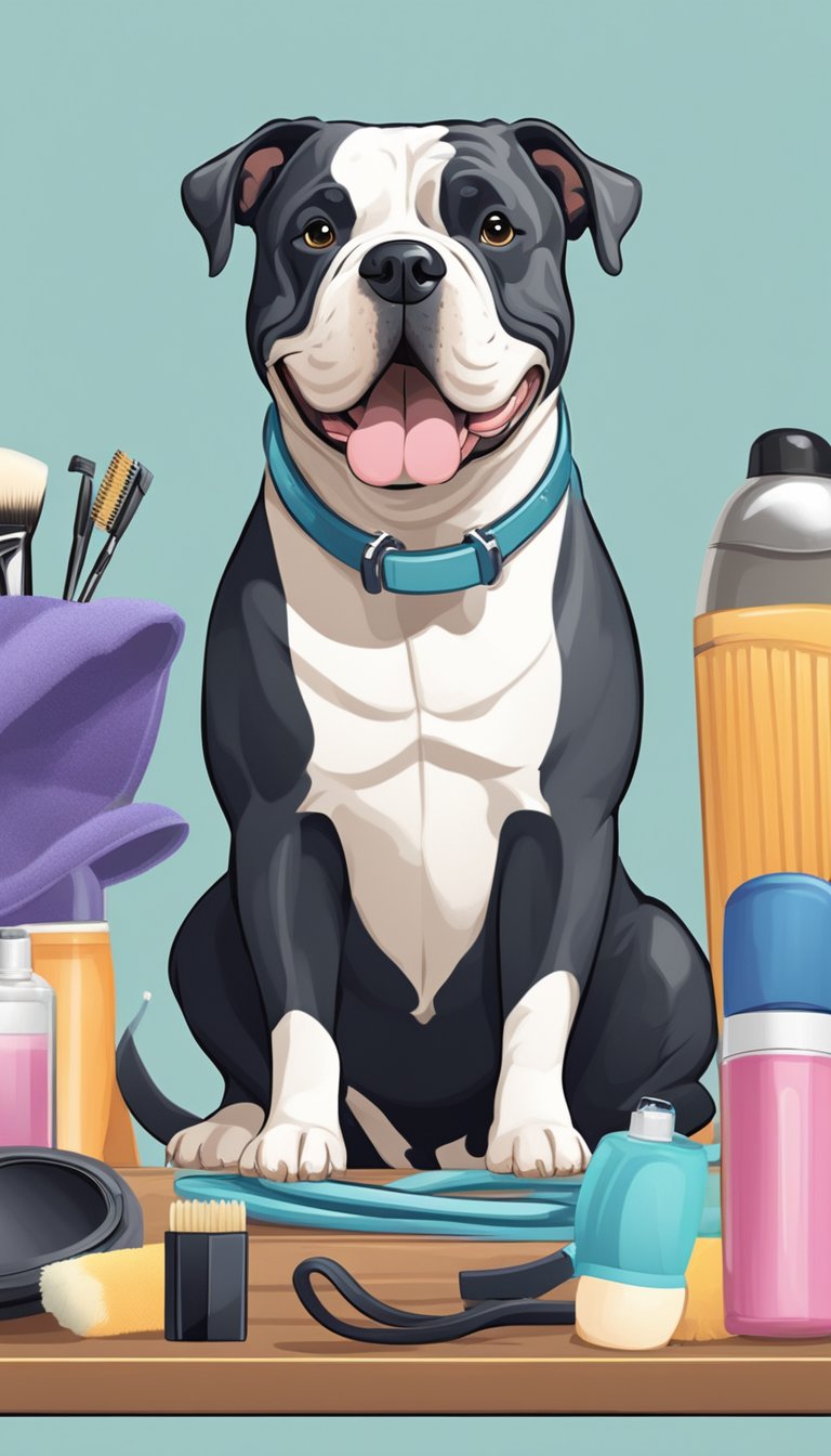 An American Bully surrounded by grooming essentials like brushes, shampoo, nail clippers, and towels. A grooming table with a leash and collar, and a happy, clean dog