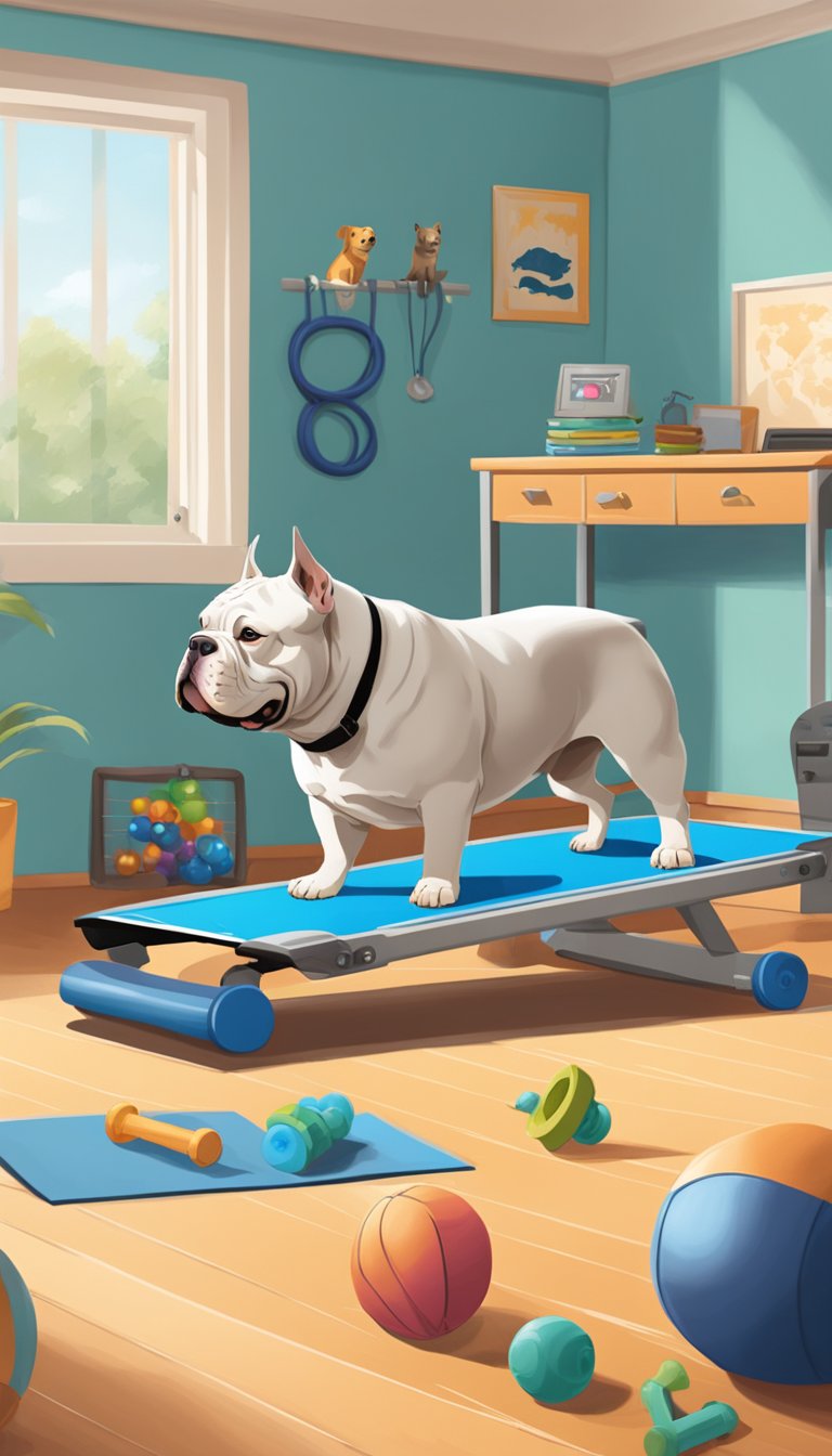 An American Bully in a spacious, well-lit room with various exercise equipment such as a treadmill, agility course, and toys for mental stimulation