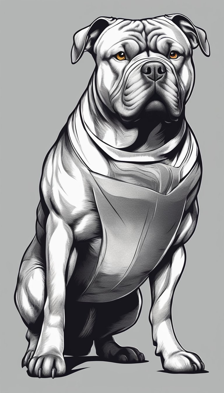 An American Bully stands confidently, showcasing its muscular build and strong stature. It exudes a powerful presence, with a focused and alert expression, ready for any challenge