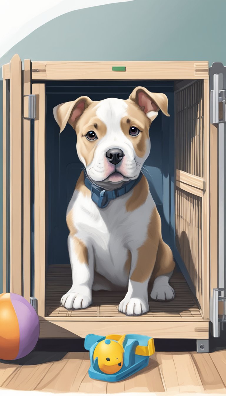 An American Bully puppy sits in a crate with a comfortable bed and toys. The crate is placed in a quiet area with minimal distractions. A water bowl is attached to the crate, and the door is left open to allow the puppy to come and