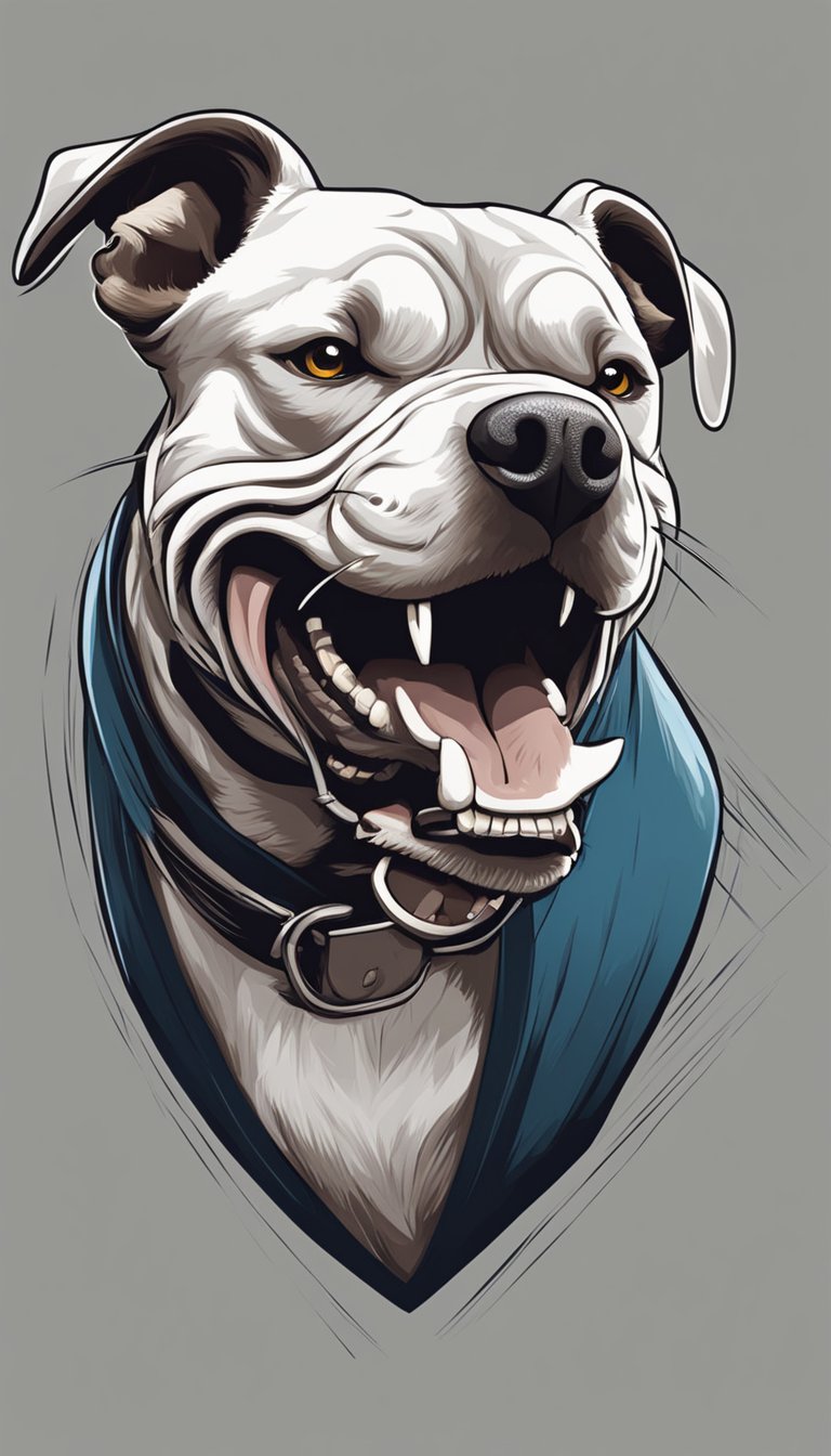 A snarling pitbull stands with raised hackles, baring its teeth in a defensive posture