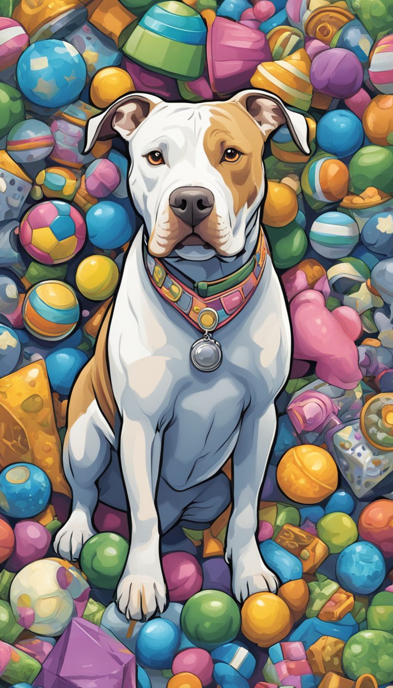 A pitbull stands confidently, tail wagging, surrounded by toys and treats. Its friendly demeanor dispels the myth of unpredictability