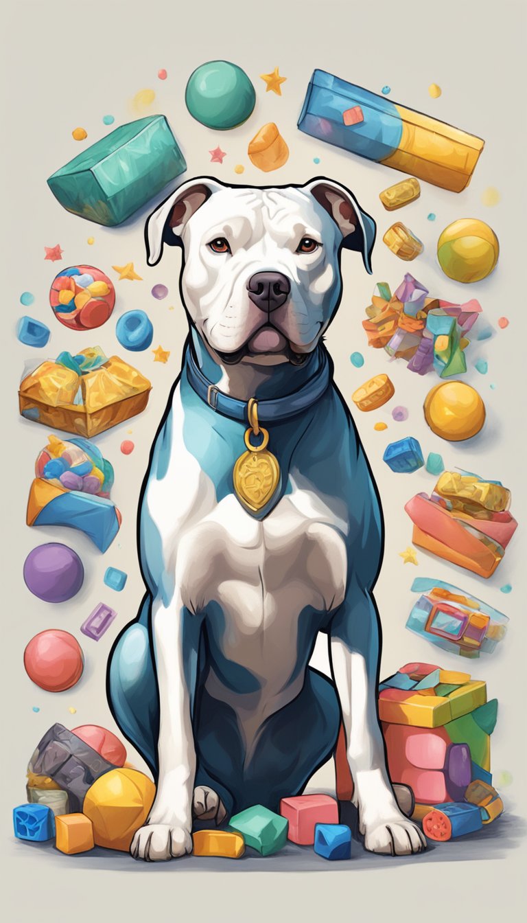 A pitbull stands confidently, wagging its tail, surrounded by toys and treats, disproving the myth that they are only used for fighting