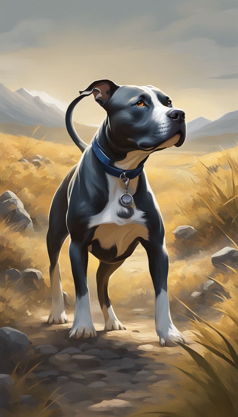 A pitbull confidently walks through a field, unfazed by the thorns and rocks beneath its feet