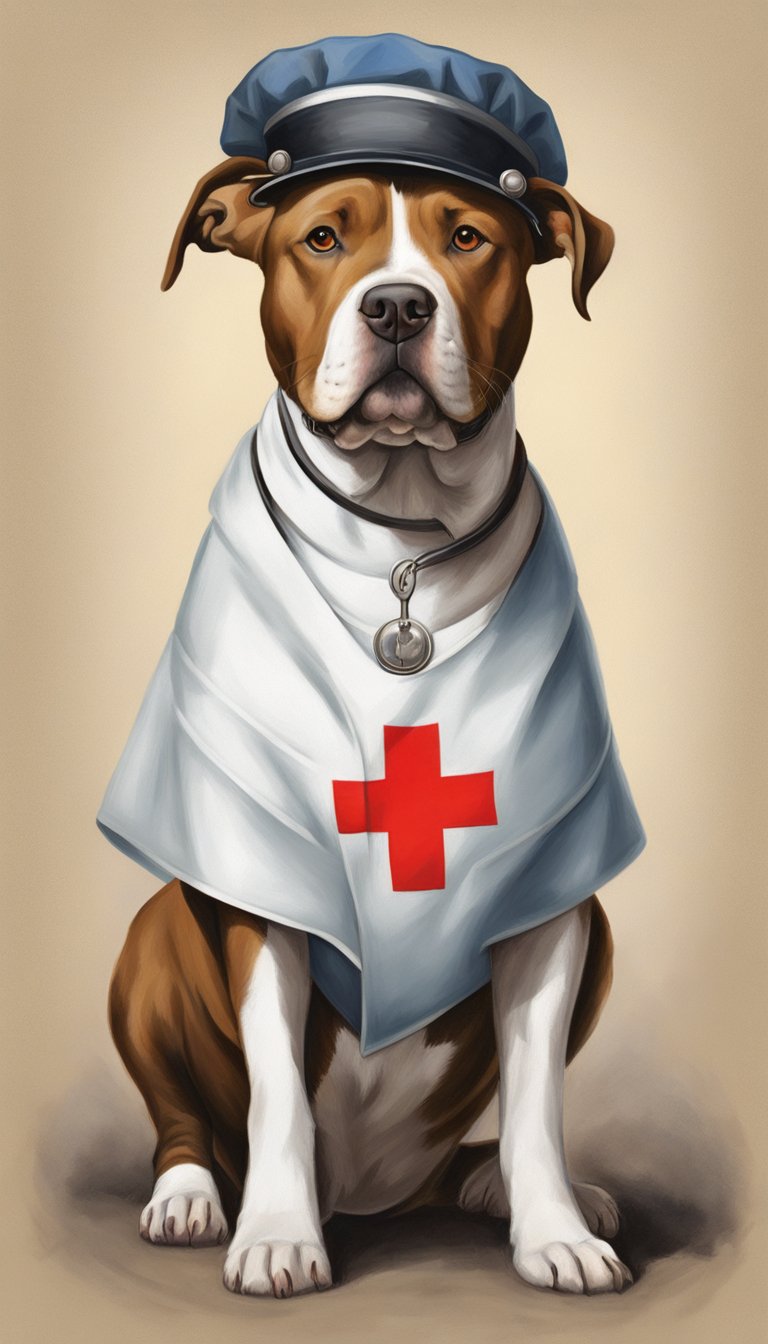 A pitbull stands proudly, wearing a nurse's cap and a red cross collar. It exudes confidence and warmth, embodying the role of a caring and nurturing "nurse dog" from the early 1900s