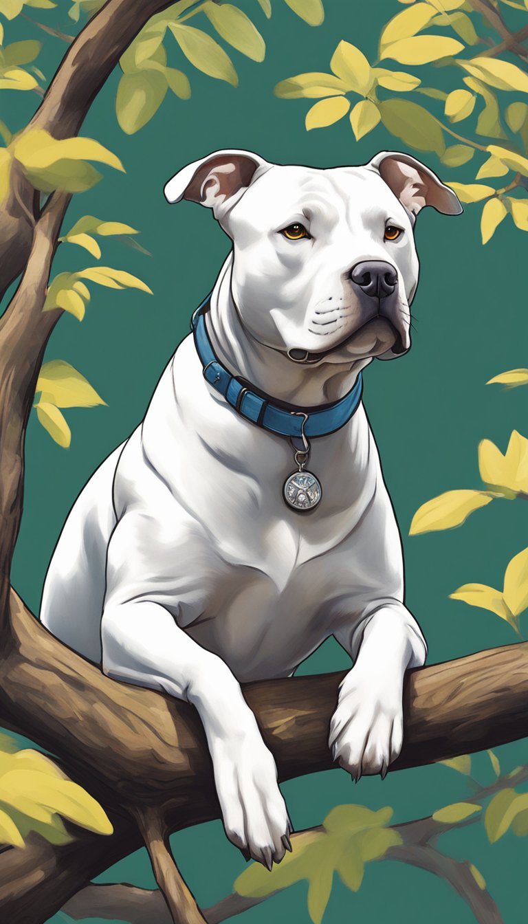A pitbull perched high in a tree, confidently gazing down