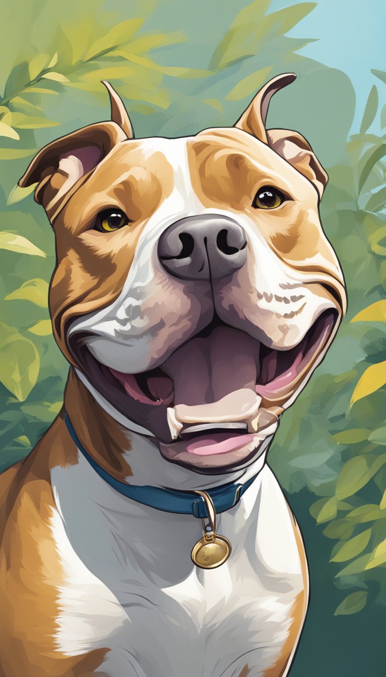 A pitbull with a wide, open-mouthed "smile" exuding a friendly nature