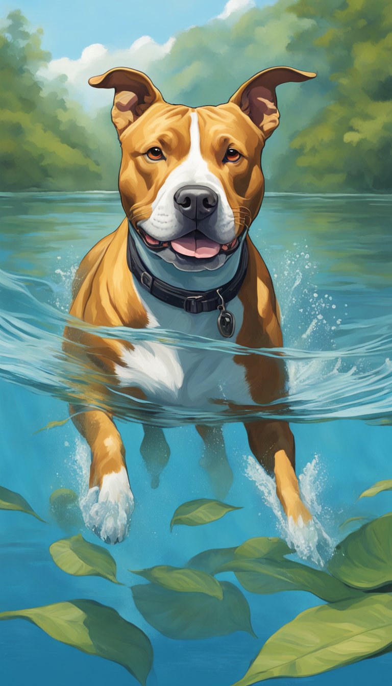 A pitbull confidently swims across a clear blue lake, showcasing its natural ability and grace in the water