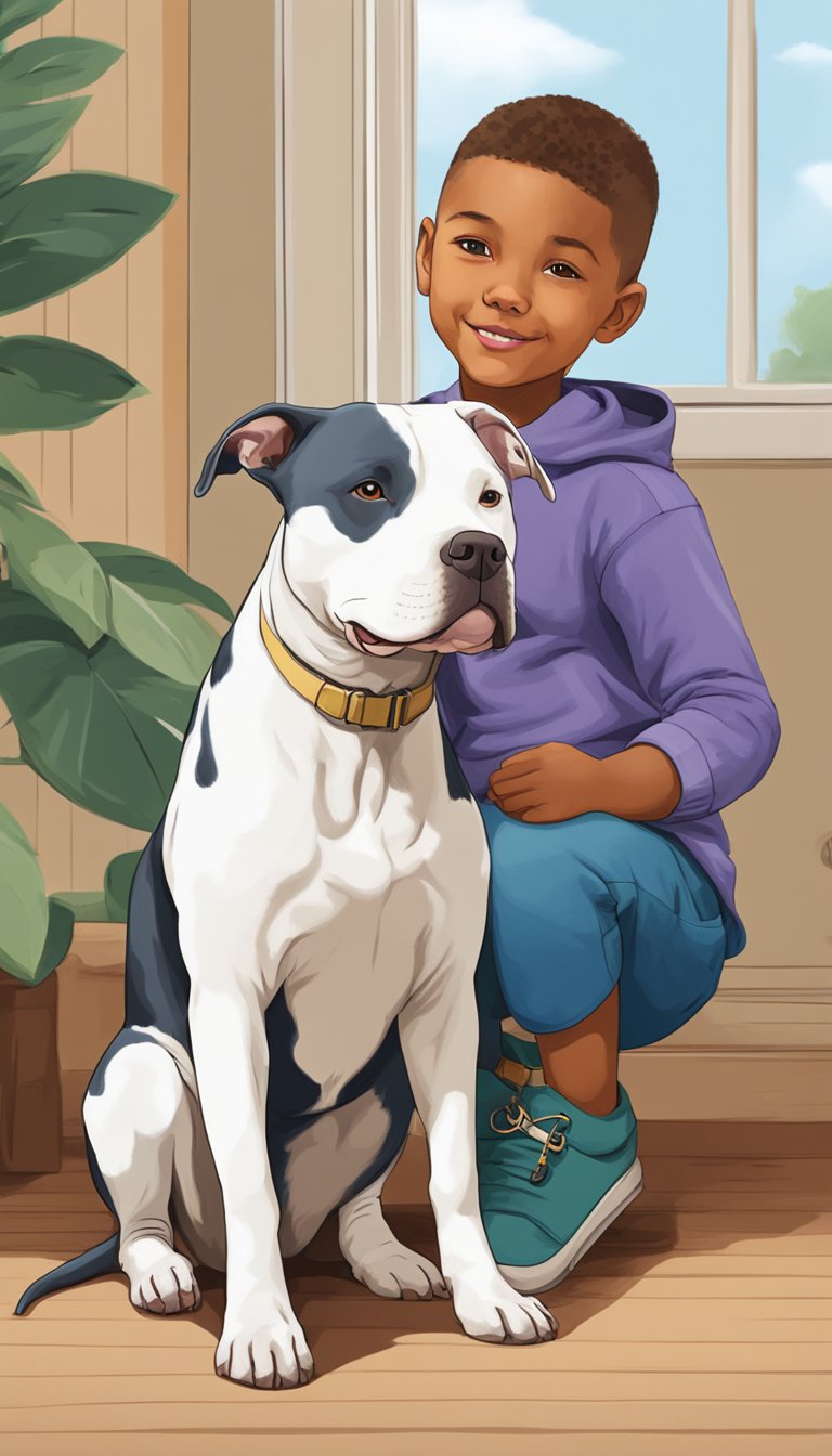 A pitbull sits by a child, showing loyalty and affection. Eleven facts about pitbulls surround them
