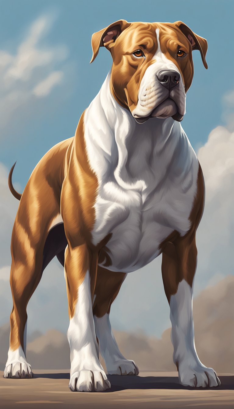 A muscular Pitbull stands proudly, with a strong and confident stance. Its short coat glistens in the sunlight, showcasing its powerful build and distinctive features