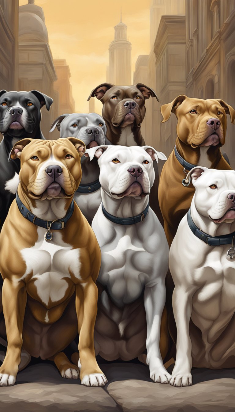 A group of pitbulls, with their muscular build and distinctive wide heads, stand proudly in front of a historical backdrop. Their alert and confident expressions reflect their origins as working dogs