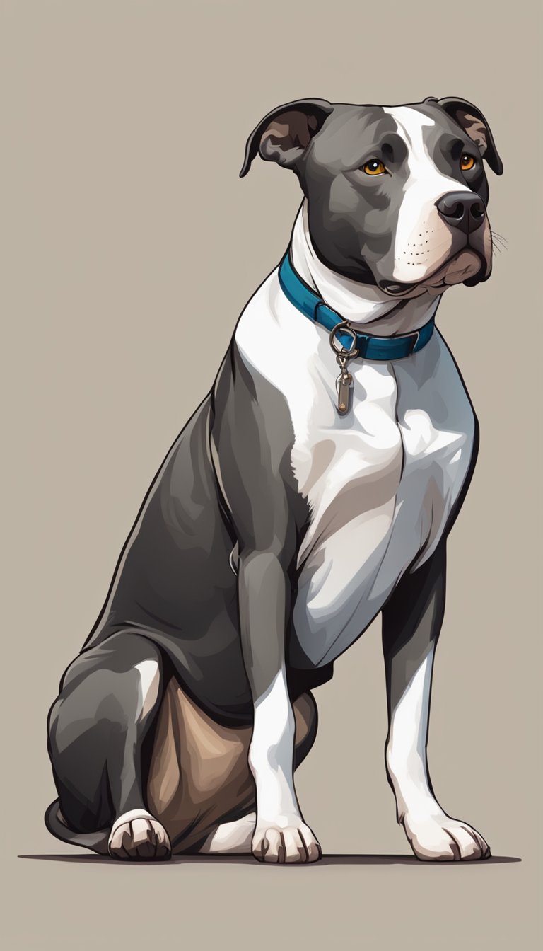 A pitbull sitting calmly, ears perked, tail wagging. Confident stance, alert expression. Friendly and loyal demeanor evident