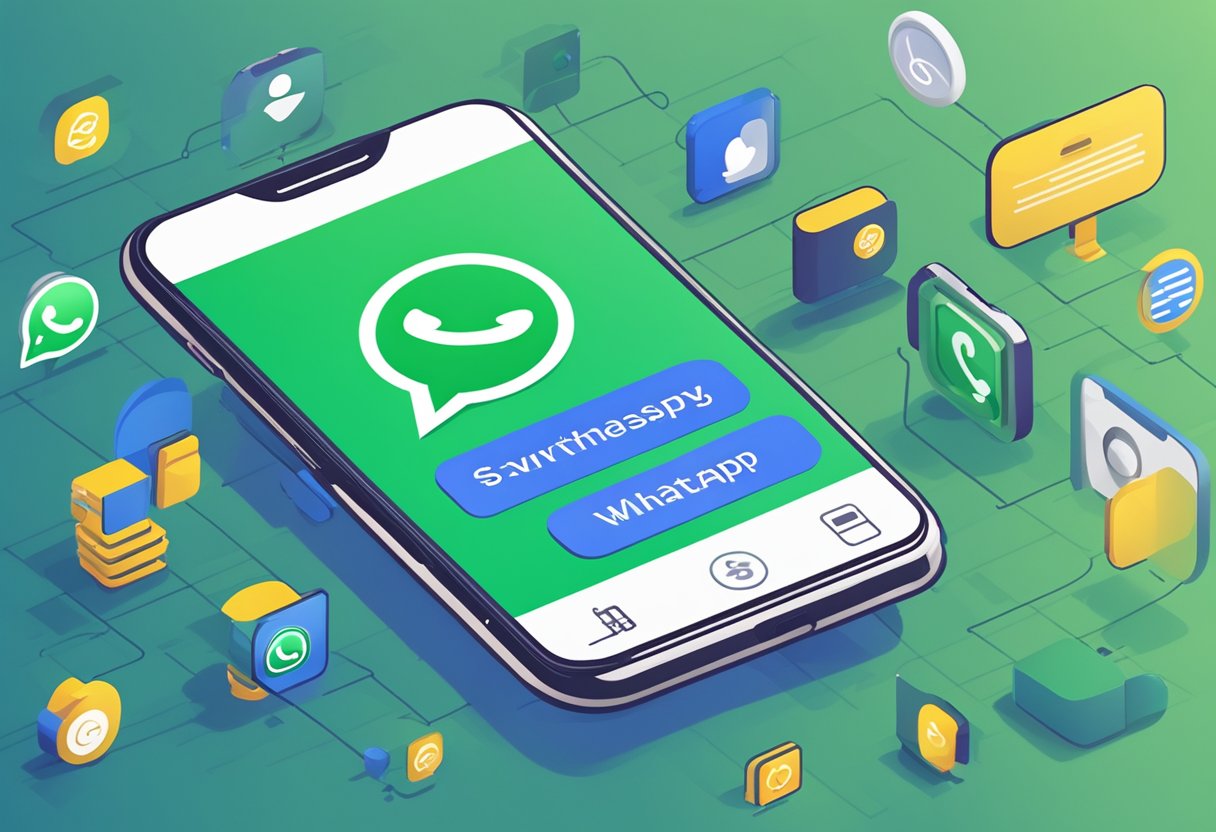 A smartphone displaying a Whatsapp conversation with AI analyzing and processing data for customer service