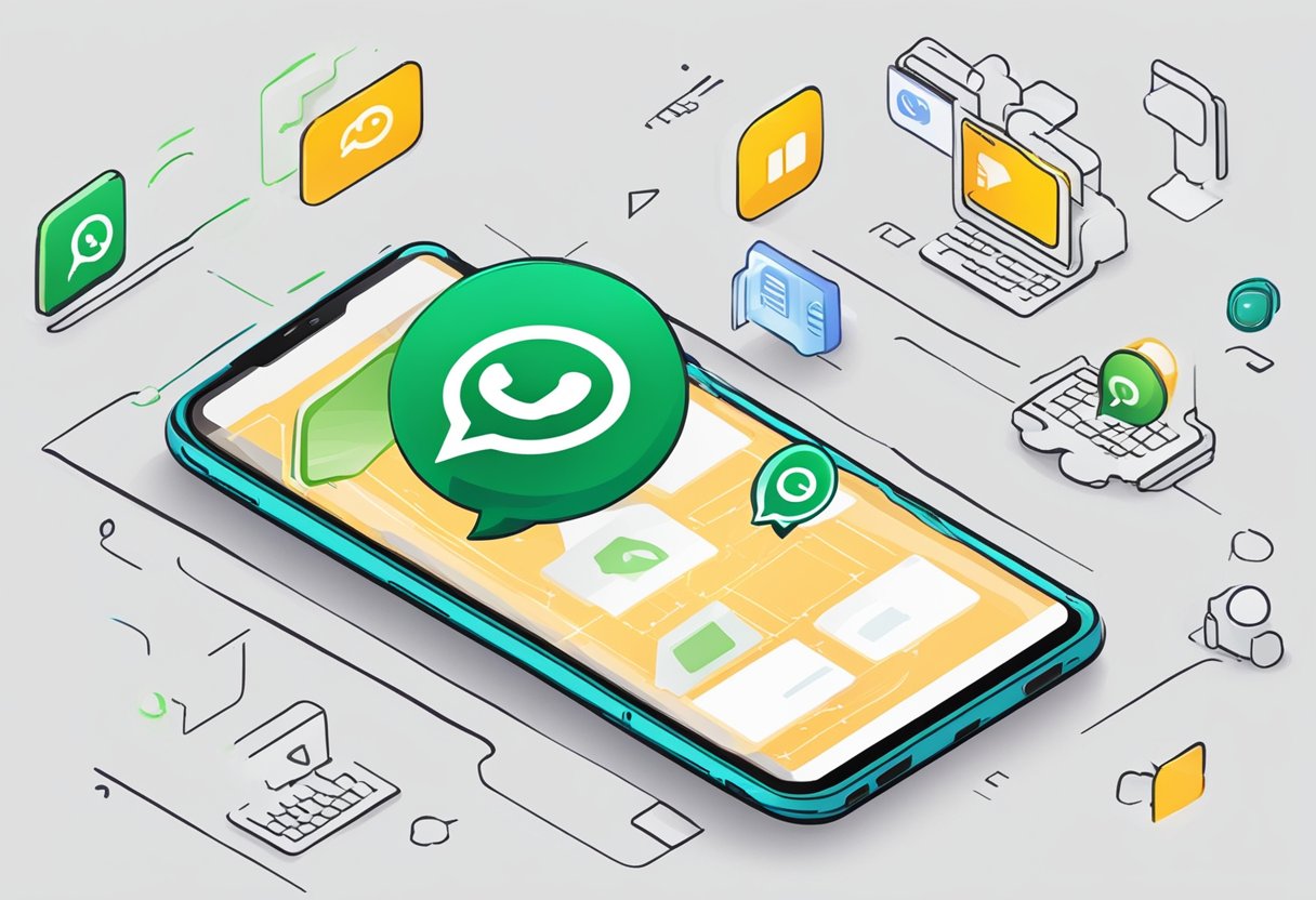 A smartphone with a Whatsapp chat open, displaying the message "Frequently Asked Questions Por quê usar Inteligência Artificial no seu atendimento via Whatsapp."