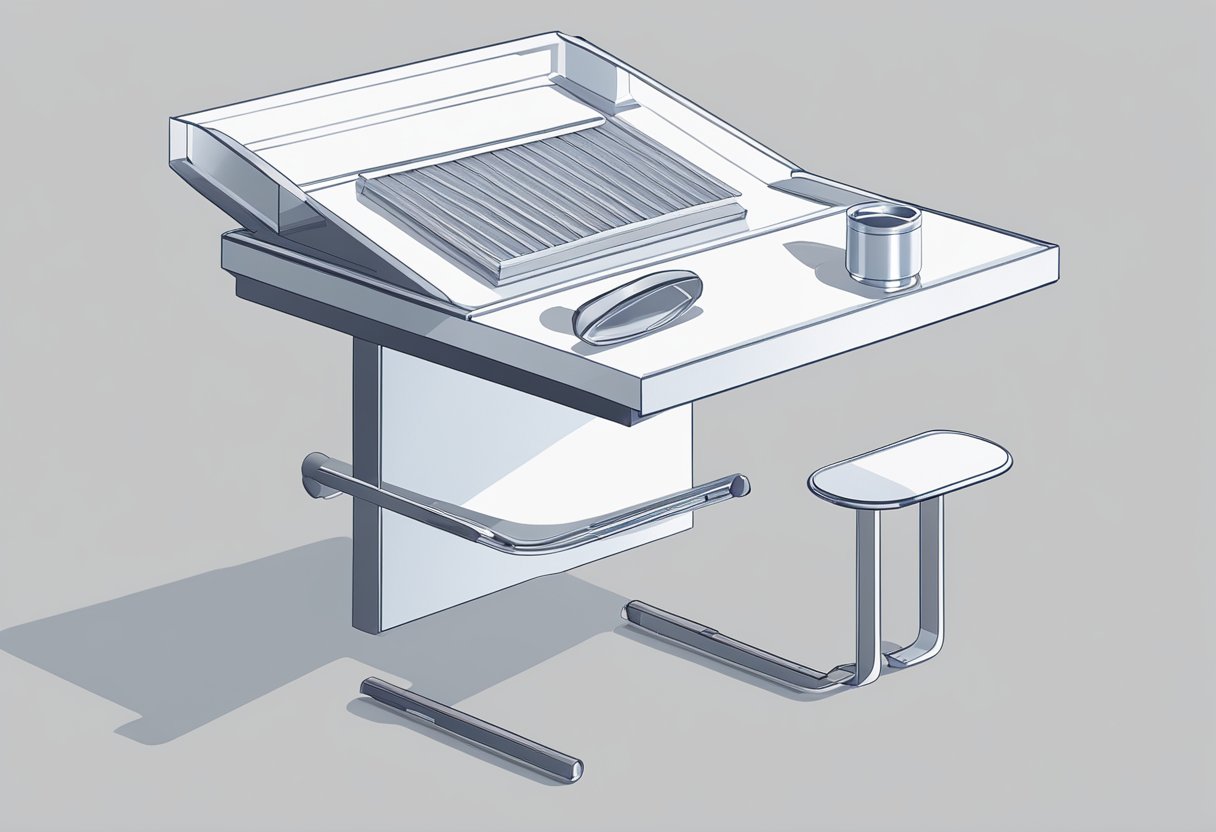 A table with a white background showcasing the AirSnore mouthpiece. A spotlight illuminates the product, highlighting its features and design