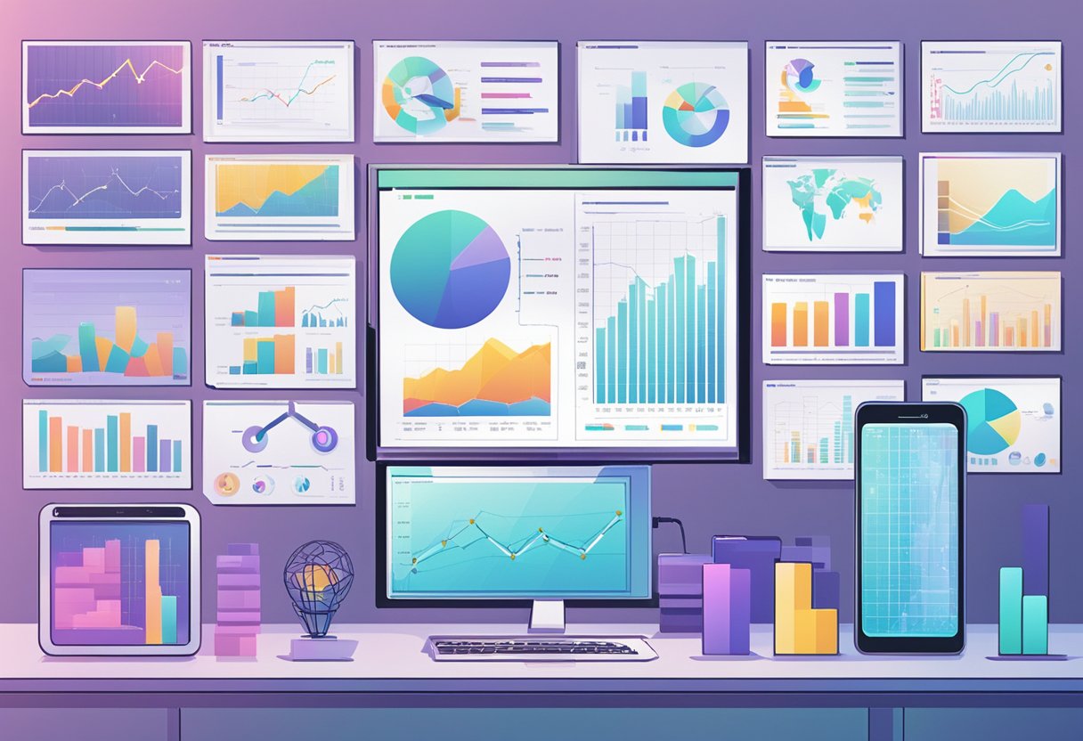 Various AI models displayed on screens, with data charts and graphs in the background