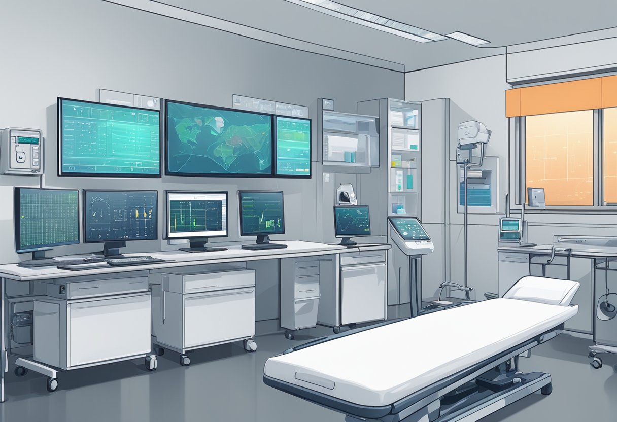 A modern hospital room with AI systems monitoring patient vital signs and analyzing medical data for diagnosis and treatment