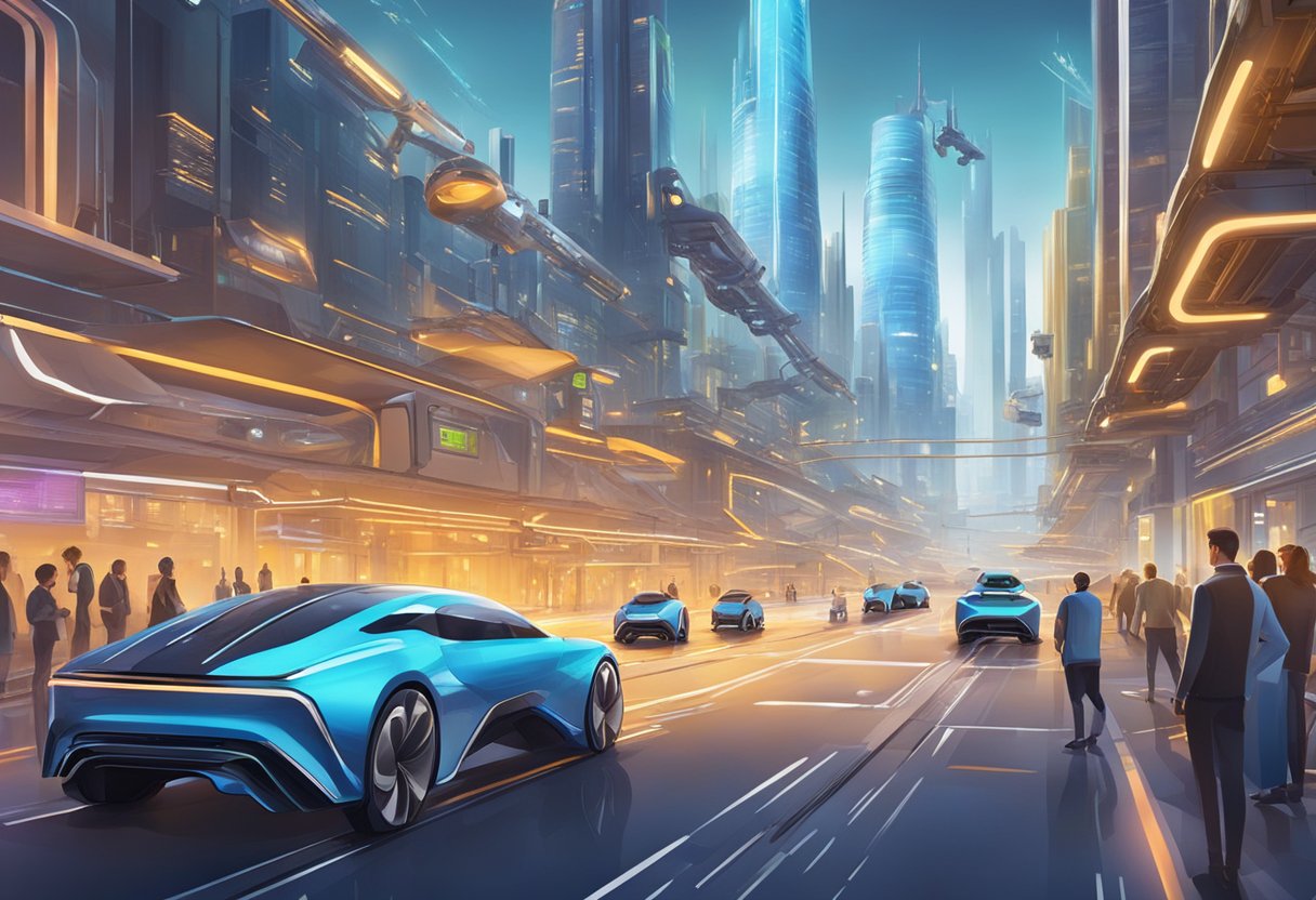 A futuristic cityscape with autonomous vehicles navigating busy streets, while robotic arms work in a high-tech factory