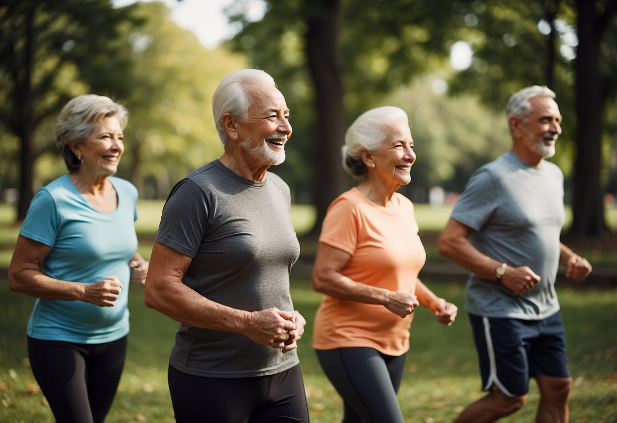 A group of seniors gather in a park, exercising together with support from each other. They engage in bone-strengthening activities, such as walking and light weightlifting, promoting community and bone health