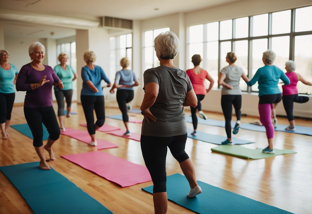 A group of seniors gather in a bright, spacious room with large windows. They are standing in a circle, stretching and warming up before beginning their exercise routine. There are colorful exercise mats and equipment scattered around the room