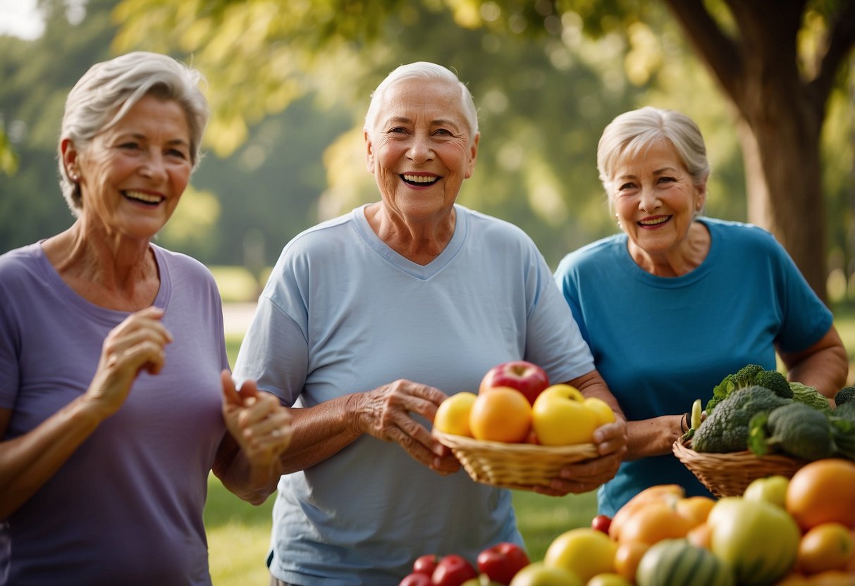 Active seniors engage in exercise surrounded by a variety of nutritious foods, including fruits, vegetables, and whole grains. A vibrant and energetic atmosphere is depicted, emphasizing the importance of healthy nutrition for aging adults