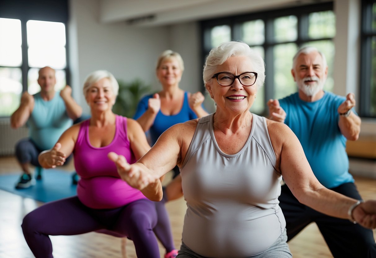 A group of seniors engage in various exercises, from gentle stretches to resistance training, in a bright and spacious fitness studio. Equipment such as resistance bands and light weights are used, and the atmosphere is supportive and encouraging