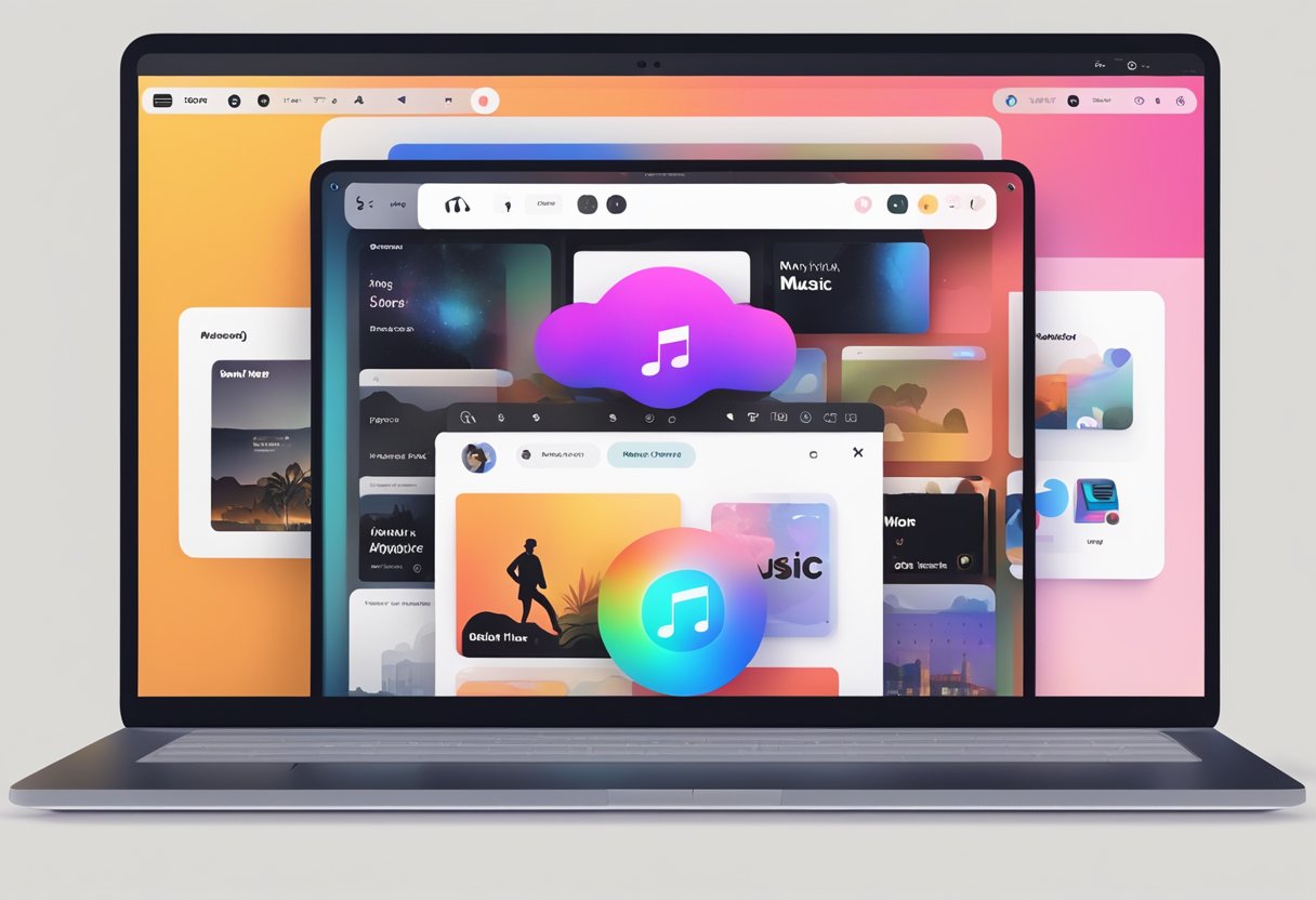 An open laptop displaying the Apple Music Library with a download button highlighted