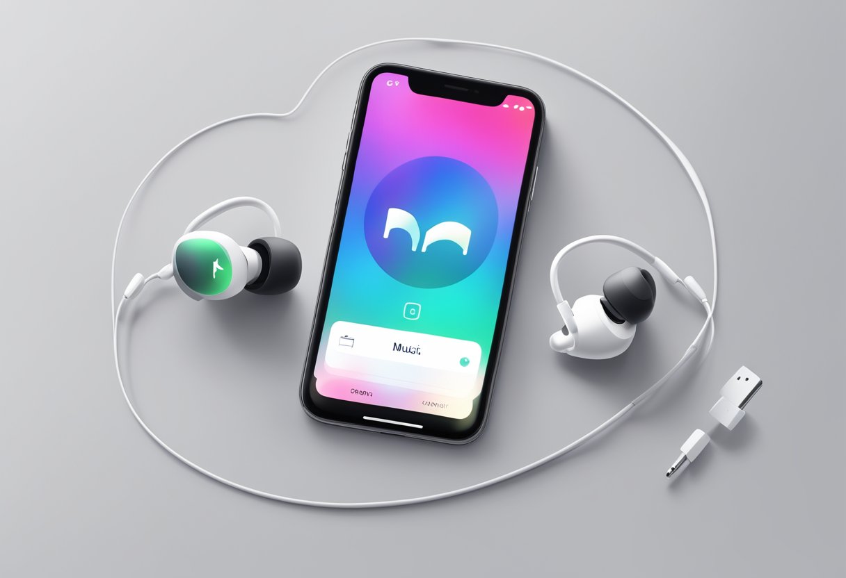 A smartphone with headphones plugged in, displaying the Apple Music logo and a progress bar indicating a download in progress