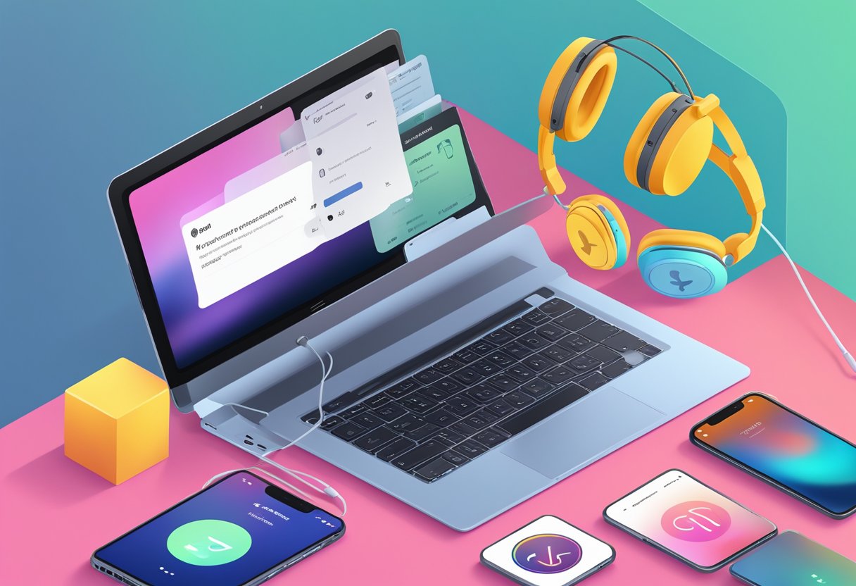 A laptop displaying an error message while connected to headphones and a phone with an Apple Music app open