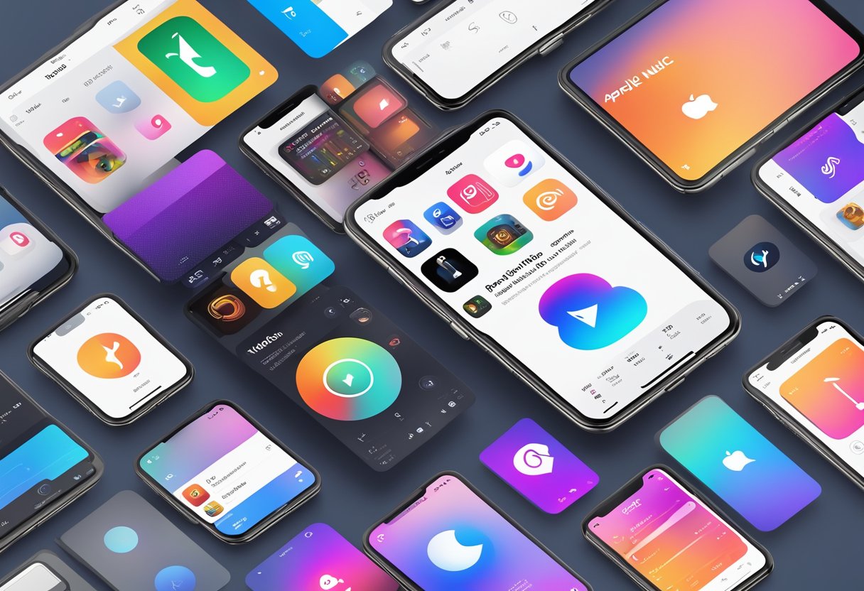 A smartphone displaying the Apple Music logo, surrounded by icons of other music streaming services, with a download progress bar underneath the Apple Music icon