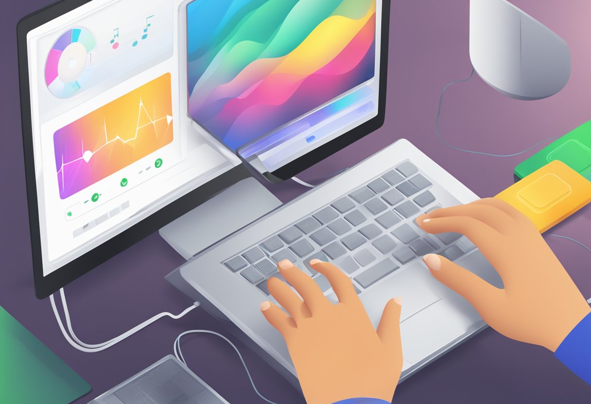 A computer screen displaying a music app with a "Download" button highlighted, while a progress bar fills up indicating the download process