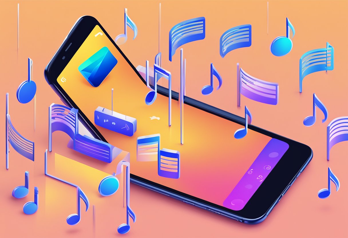 A smartphone with an Apple Music app open, surrounded by music notes and a download progress bar