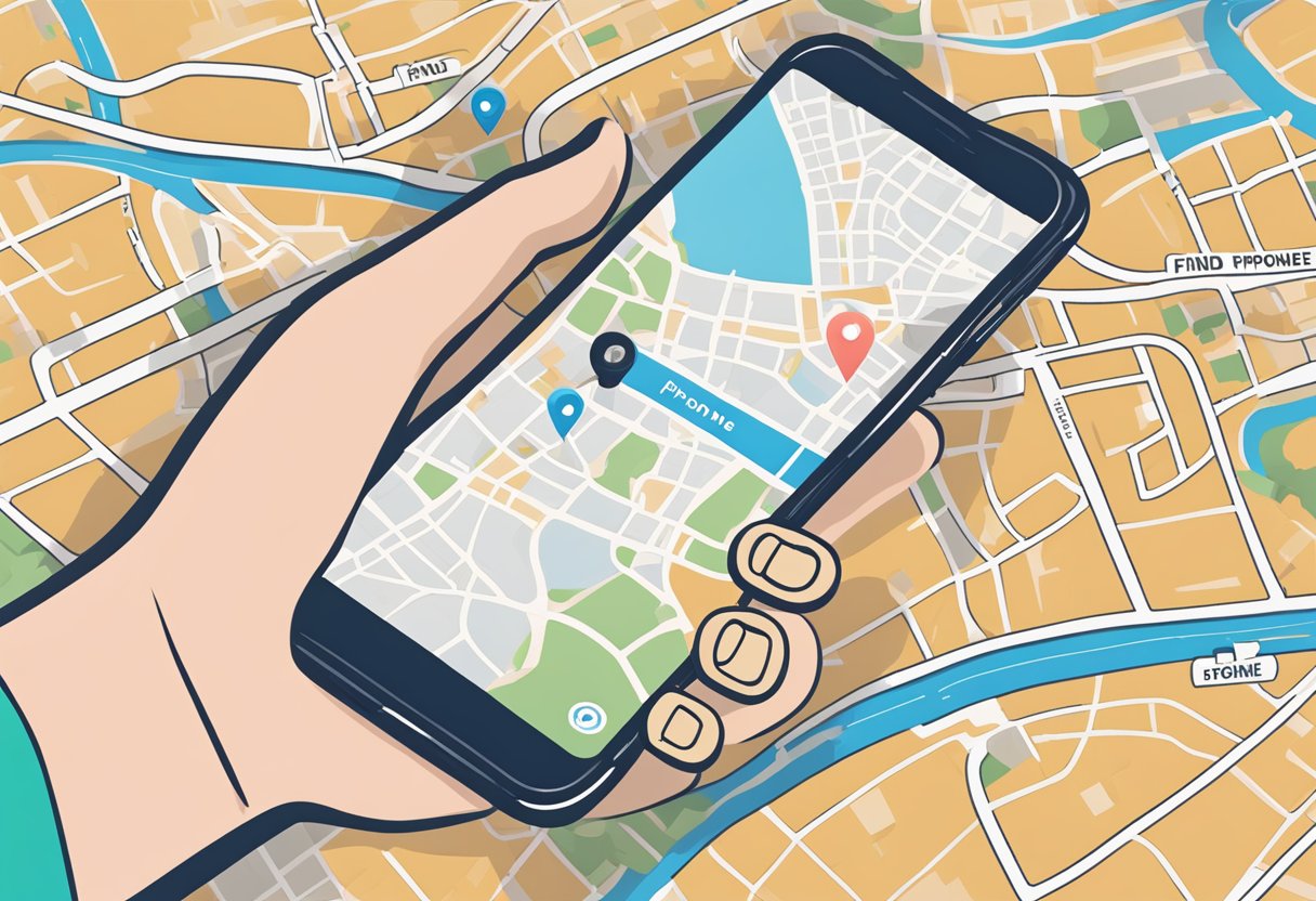 A hand holding an iPhone with the Find My iPhone app open, showing a map with a pinpoint location
