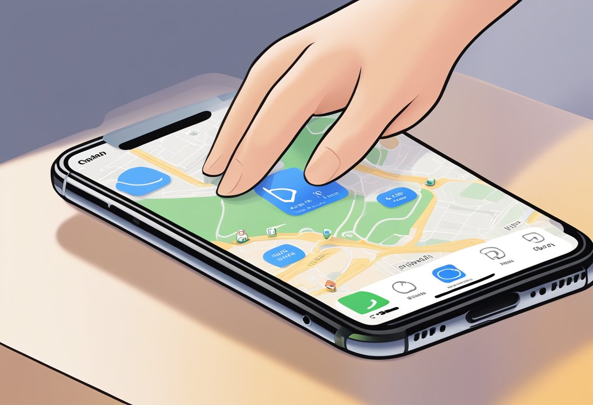 A hand placing an iPhone on a table, with the Apple "Find My iPhone" app open on the screen, and the user setting up the location tracking feature