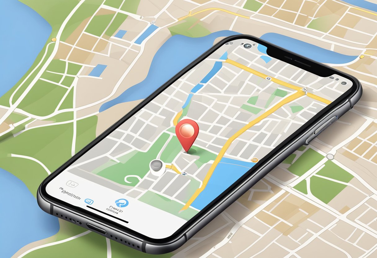 An iPhone with the Find My iPhone app open, showing a map with a pinpoint location