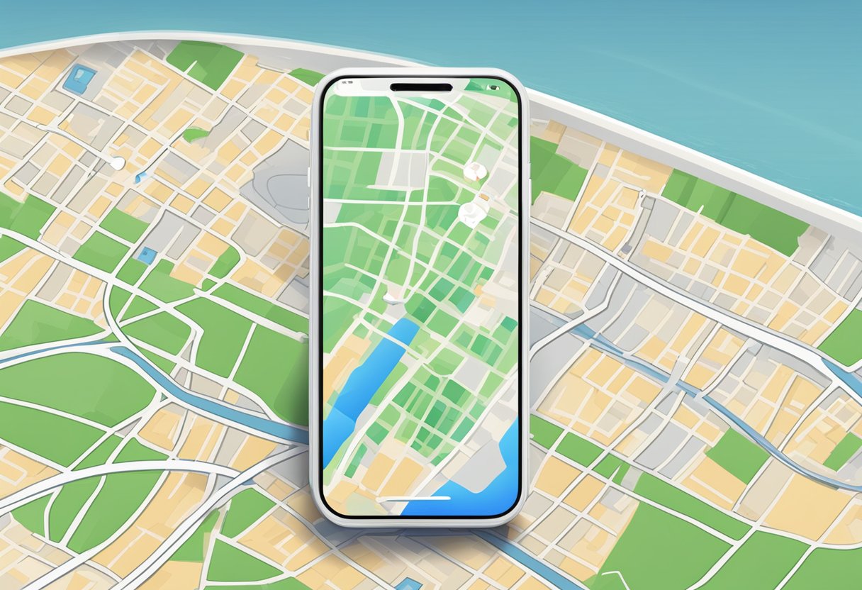 A computer screen displays the "Find My iPhone" webpage with a map showing the location of a lost phone